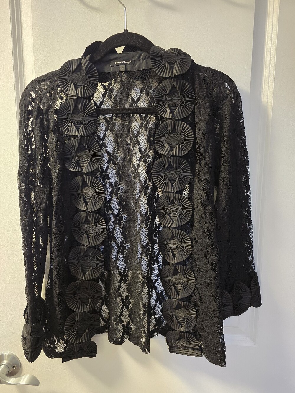 Samuel Dong Black Sheer Lace Open Cardigan with Rosette Trim